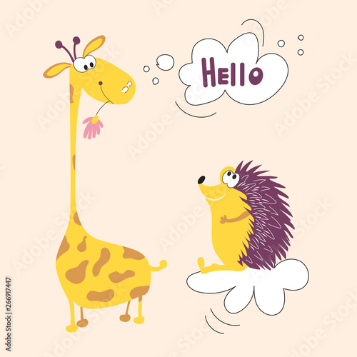 A giraffe from Africa and a hedgehog forest animal friends. Vector illustration of hedgehog and giraffe suitable for children's books, clothes, cards. Fabric decoration
