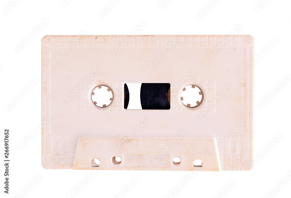 Obraz premium Close up of vintage audio cassette, isolated on white background