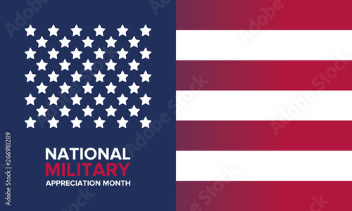 National Military Appreciation Month in May. Annual Armed Forces Celebration Month in United States. Poster, card, banner and background. Vector illustration