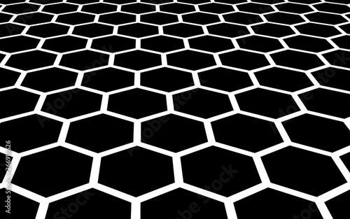 Fototapeta Naklejka Na Ścianę i Meble -  White honeycomb on a black background. Perspective view on polygon look like honeycomb. Isometric geometry. 3D illustration