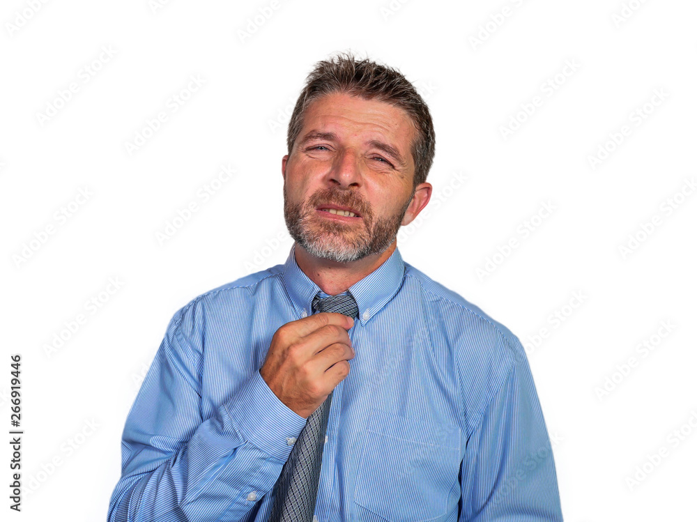 30s or 40s attractive exhausted and stressed businessman in shirt and necktie suffering headache feeling overworked and overwhelmed isolated on white background in corporate work stress 30s or 40s attractive exhausted and stressed businessman in shirt and necktie suffering headache feeling overworked and overwhelmed isolated on white background in corporate work stress