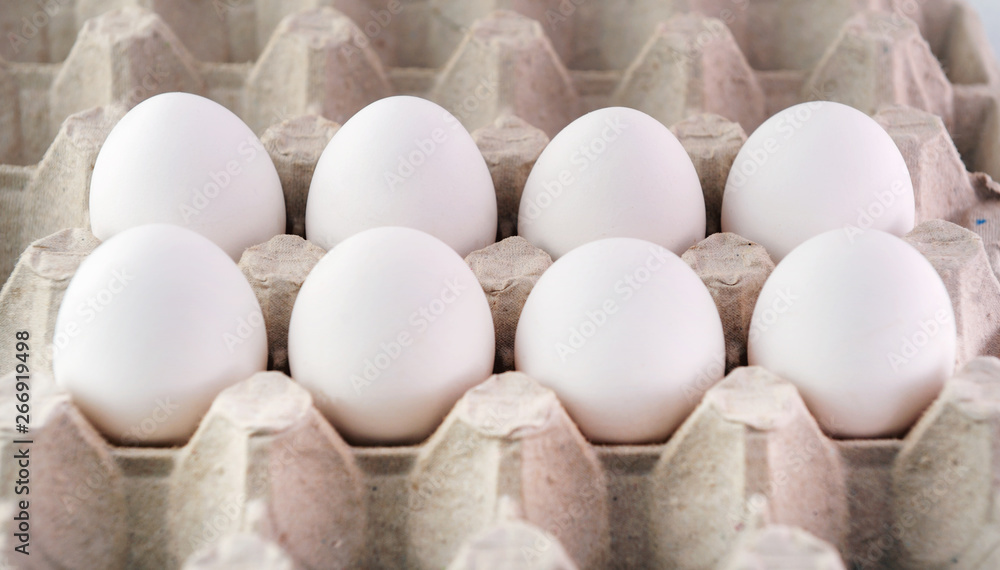 Farm egg in paper container. Isolated on white background.