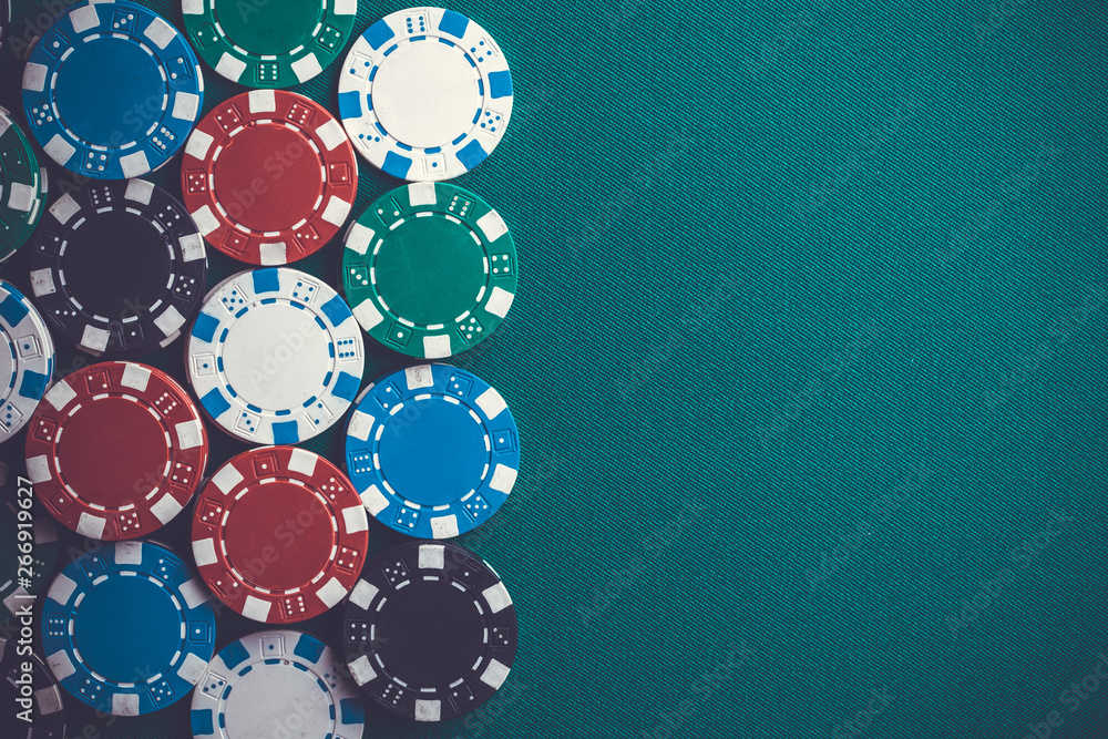 playing cards, chips, dice, on a green table. Casino concept playing cards, chips, dice, on a green table. Casino concept
