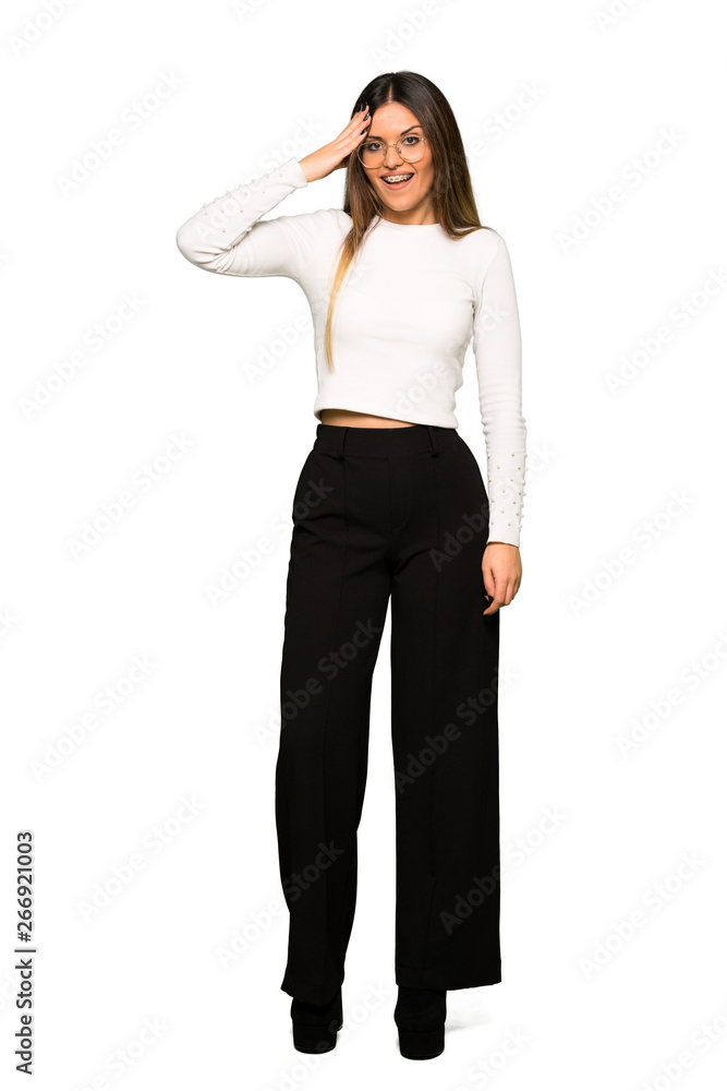 Full body of Pretty woman with glasses has just realized something and has intending the solution Full body of Pretty woman with glasses has just realized something and has intending the solution