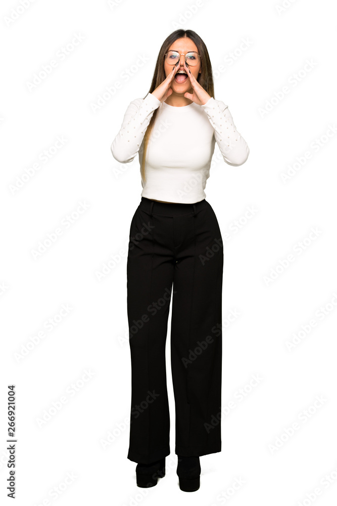 Full body of Pretty woman with glasses shouting and announcing something Full body of Pretty woman with glasses shouting and announcing something