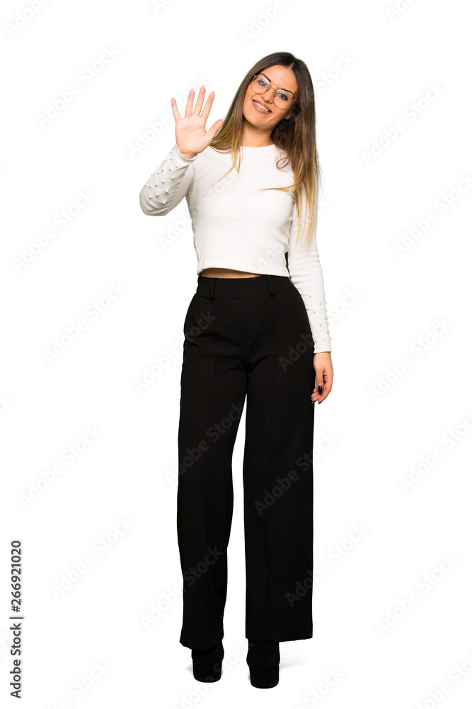Full body of Pretty woman with glasses counting five with fingers Full body of Pretty woman with glasses counting five with fingers