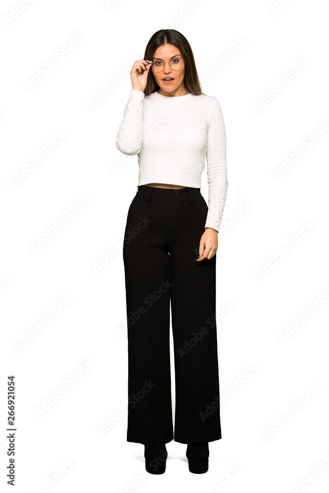 Full body of Pretty woman with glasses with glasses and surprised Full body of Pretty woman with glasses with glasses and surprised