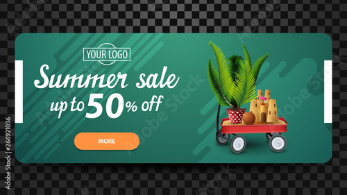 Summer sale, up to 50% off, discount web banner for your website with garden cart with sand, sand castle and potted palm