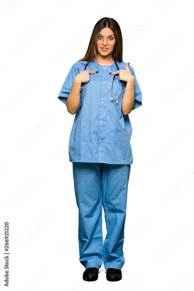 Full body of Young nurse with surprise facial expression Full body of Young nurse with surprise facial expression