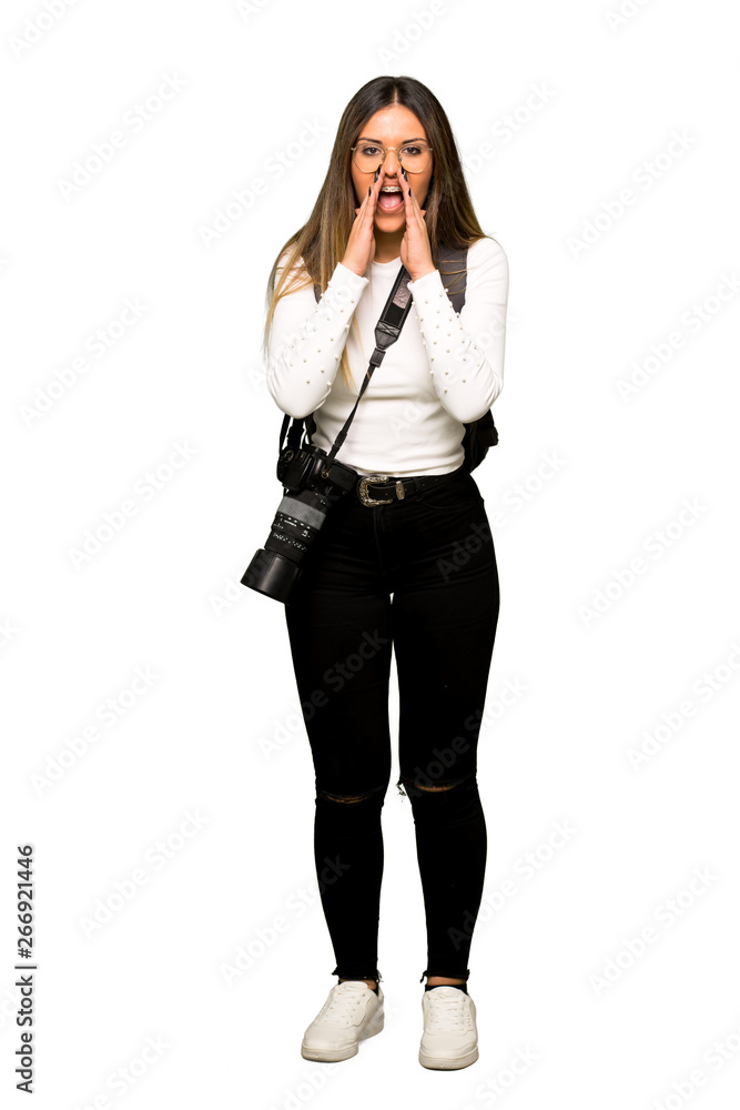 Full body of Young photographer woman shouting and announcing something Full body of Young photographer woman shouting and announcing something