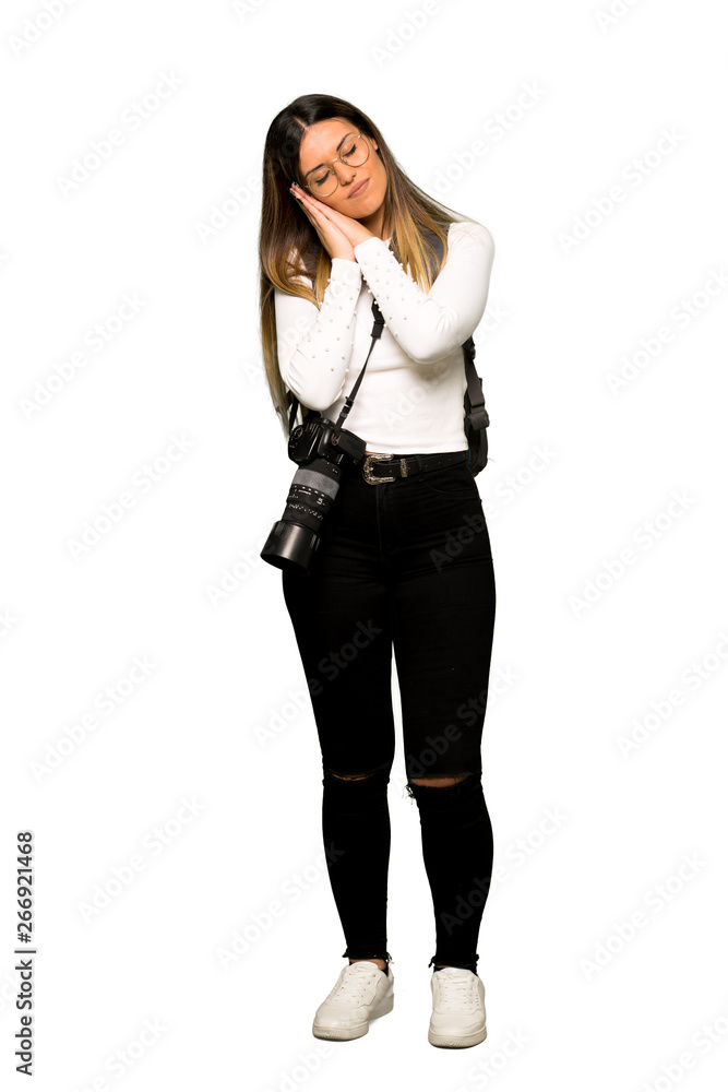 Full body of Young photographer woman making sleep gesture in dorable expression Full body of Young photographer woman making sleep gesture in dorable expression