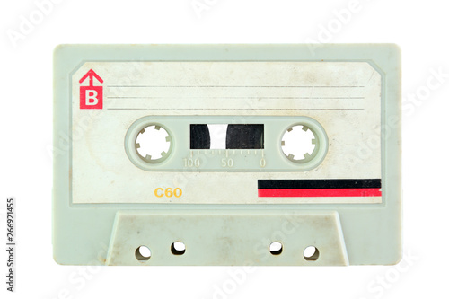 Close up of vintage audio cassette  isolated on white background