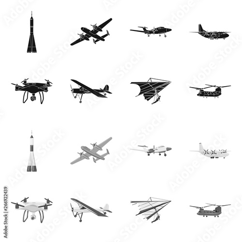 Vector illustration of plane and transport sign. Set of plane and sky stock vector illustration.
