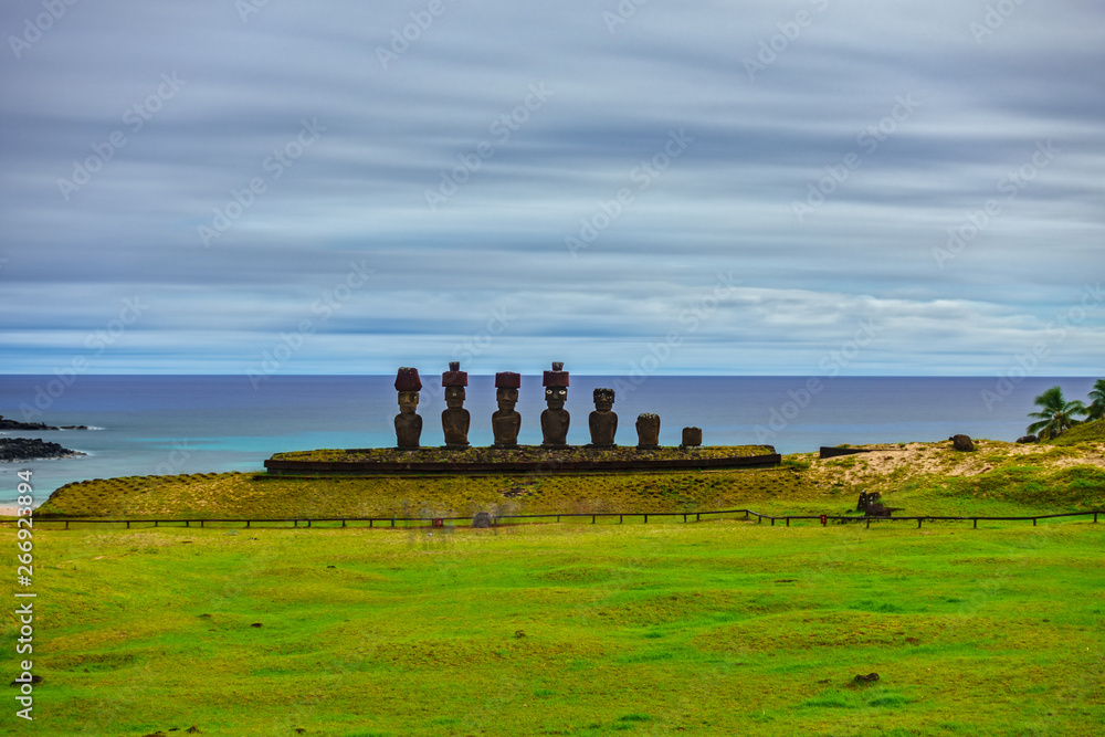 Ahu Nau Nau ultra long exposure in Anakena beach, Rapa Nui