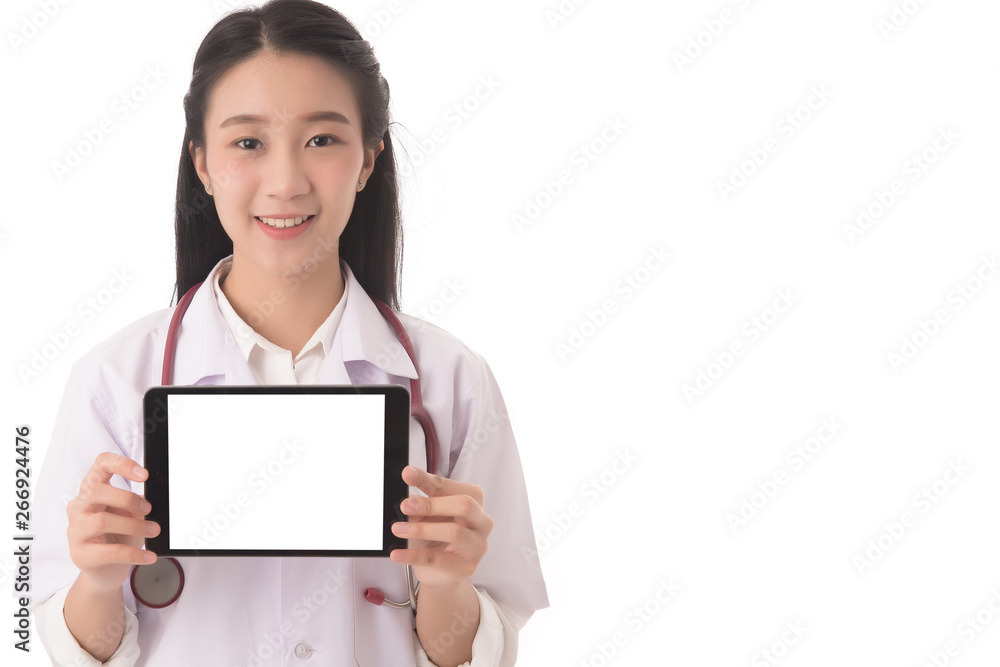 Portrait of asian woman doctor hand holding and showing blank screen digital tablet isolated on white background; Free from copy space. Health care concept. Portrait of asian woman doctor hand holding and showing blank screen digital tablet isolated on white background; Free from copy space. Health care concept.