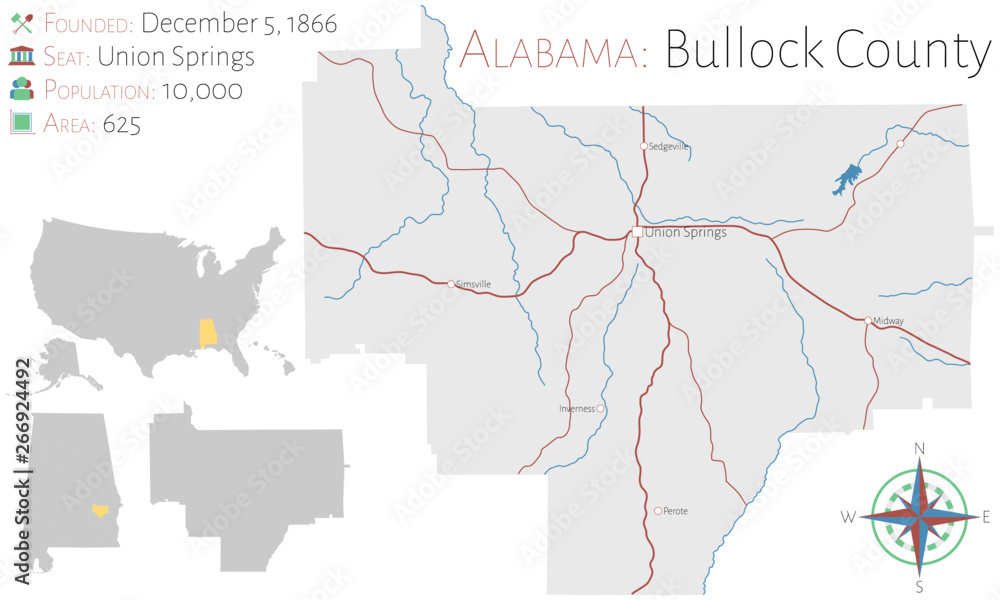 Large and detailed map of Bullock county in Alabama, USA