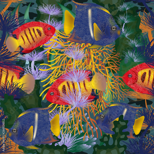 Seamless underwater card with tropical fish, vector illustration