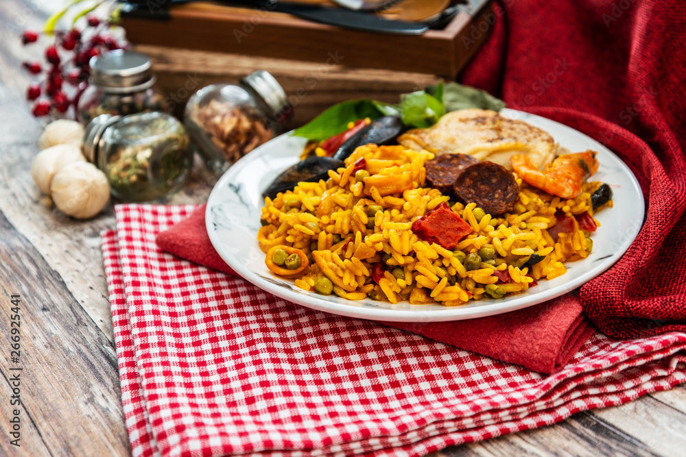 Prawn with rice - closeup of prawn with rice - traditionnal spanish food paella Prawn with rice - closeup of prawn with rice - traditionnal spanish food paella