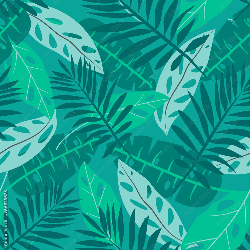 Summer seamless pattern with tropical leaves on green background. Vector design. Flat jungle print. Floral background. Summer seamless pattern with tropical leaves on green background. Vector design. Flat jungle print. Floral background.