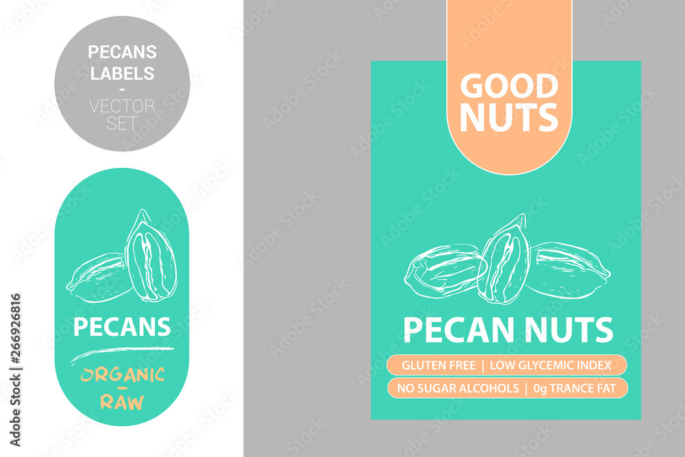 Pecan nuts labels with colorful elements. Cartoon drawn pecans product Badge with text gluten