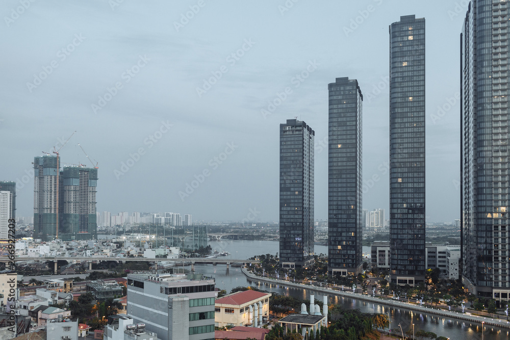 Ho Chi Minh City, Vietnam view at evening on a new modern buildings and hotels and Financial Tower and skyscrapers background 
