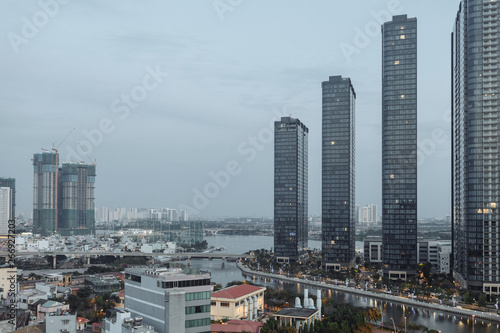 Ho Chi Minh City, Vietnam view at evening on a new modern buildings and hotels and Financial Tower and skyscrapers background 