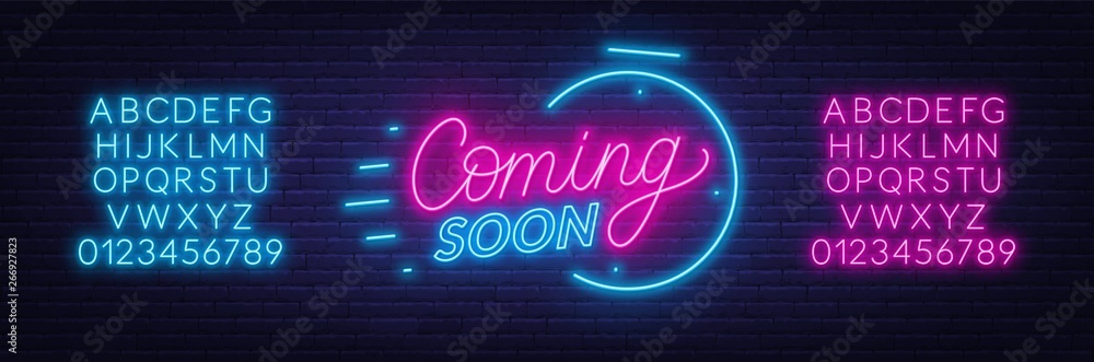Coming soon neon sign on brick wall background. Template for design. Neon alphabet .Vector illustration. - obrazy, fototapety, plakaty 