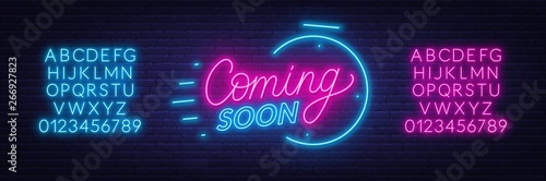 Coming soon neon sign on brick wall background. Template for design. Neon alphabet .Vector illustration.