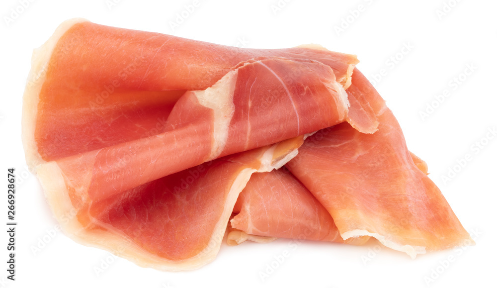 Italian prosciutto crudo or jamon. Raw ham. Isolated on white background Italian prosciutto crudo or jamon. Raw ham. Isolated on white background