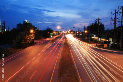 Car light trails Rayong province to Pattaya in Thailand