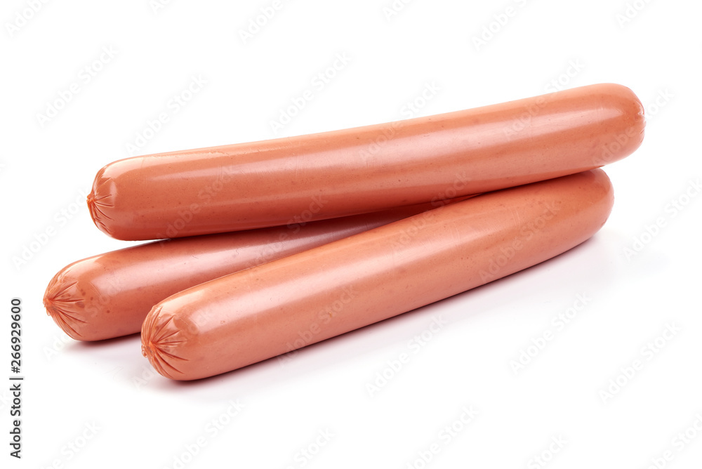Fresh boiled sausage, close-up, isolated on white background. Fresh boiled sausage, close-up, isolated on white background.
