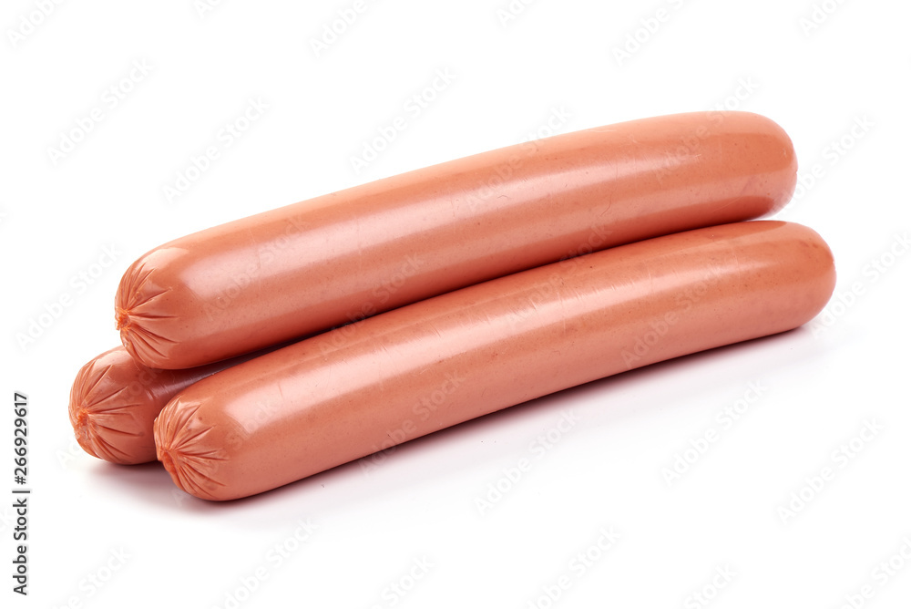 Fresh boiled sausages, close-up, isolated on white background Fresh boiled sausages, close-up, isolated on white background