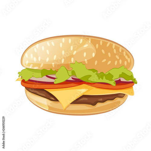 Vector Classic Burger American Hamburger Cheeseburger with Lettuce Onion Beef and Cheese Slice up Isolated on White Background. Fast food