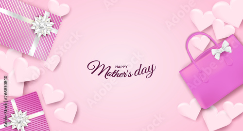 Happy Mother's day. Design with gift box, bag and heart on soft pink background. light and shadow . Vector. © lim_pix
