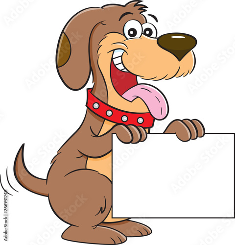 Cartoon illustration of a dog sitting up and holding a sign.