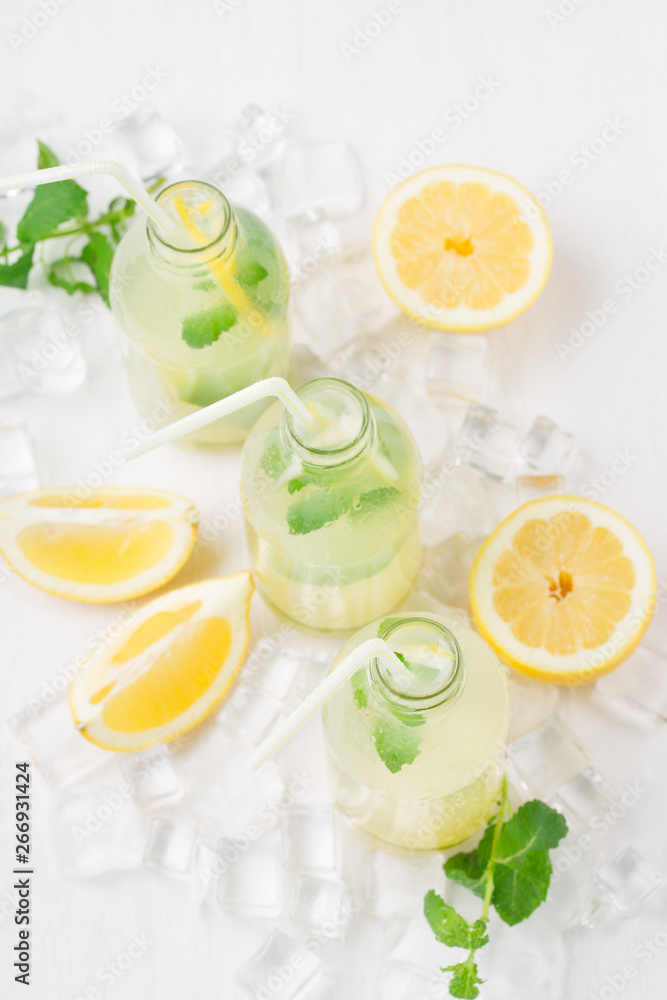 Homemade lemonade with fresh lemon and mint