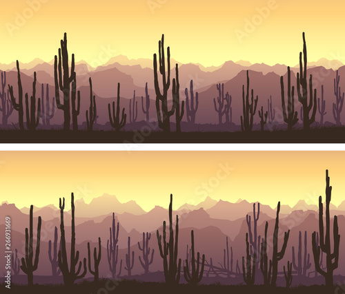 Horizontal banners of desert with cacti and mountains at sunset.