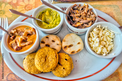 Arepas with sauces, Colombian food
