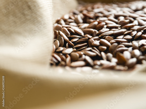 flax seeds on linen cloth photo