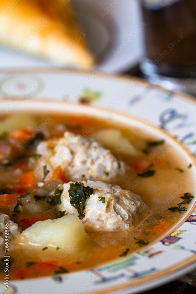 Ciorba de perisoare is a Romanian traditional sour soup Ciorba de perisoare is a Romanian traditional sour soup