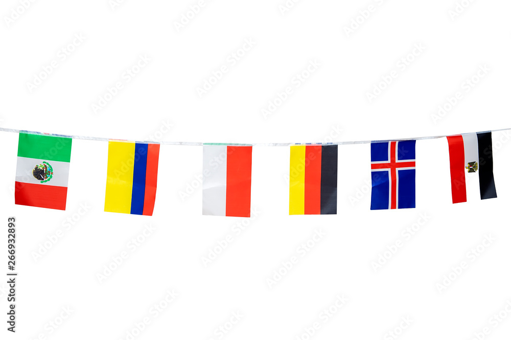 Triangle flags of various countries hanging on the rope Triangle flags of various countries hanging on the rope