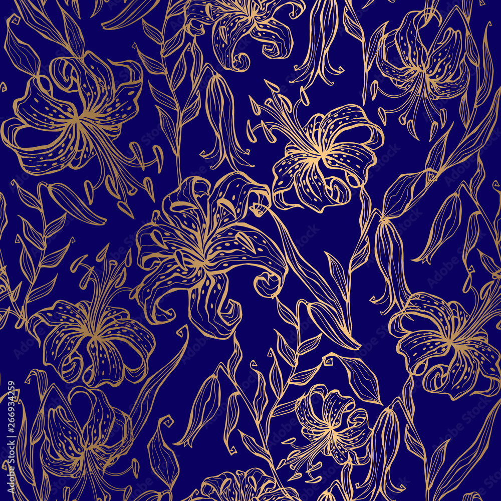 Fototapeta premium Golden lilies on a dark blue background. Seamless pattern. Vector.