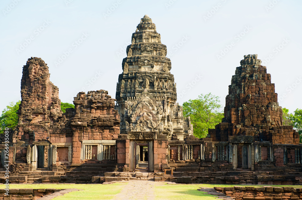 Ruins of the Hindu temple in the Phimai Historical Park in Nakhon Ratchasima, Thailand. It is one of the most important Khmer temples in Thailand.