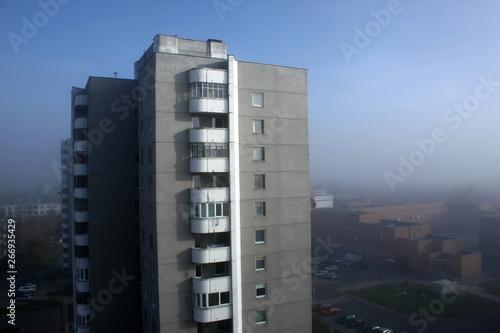 Building from soviet union time in morning smog  morning haze