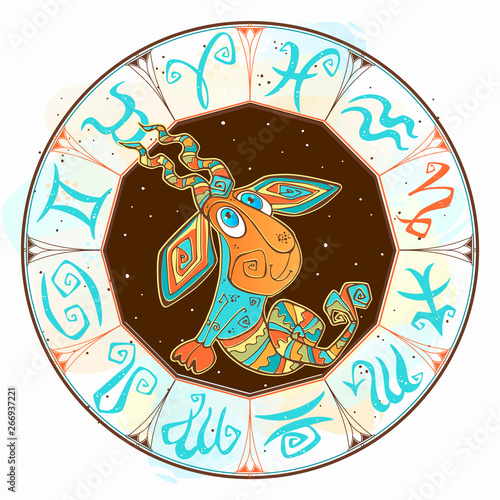 Children's horoscope icon. Zodiac for kids. Capricorn sign . Vector. Astrological symbol as cartoon character.