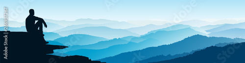 Man looking at the mountains. Flat mountain landscape. Morning in the mountains. Tourism and travelling. Vector flat design