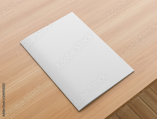 Sotfcover magazine, catalogue or brochure mock up on wooden table. A4 format. 3D illustration.