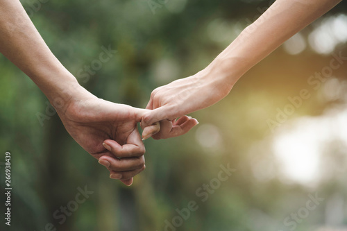 Closeup two person hook each other's little finger on nature background. © mintra