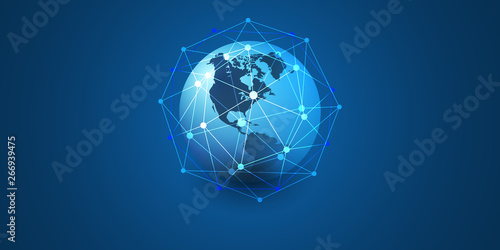 Cloud Computing and Networks Concept with North and South America Side of the Earth Globe - Abstract Global Digital Connections, Technology Background, Creative Design Element Template 
