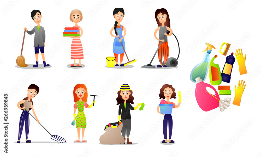 Fototapeta premium Set of different people make cleaning using house tools